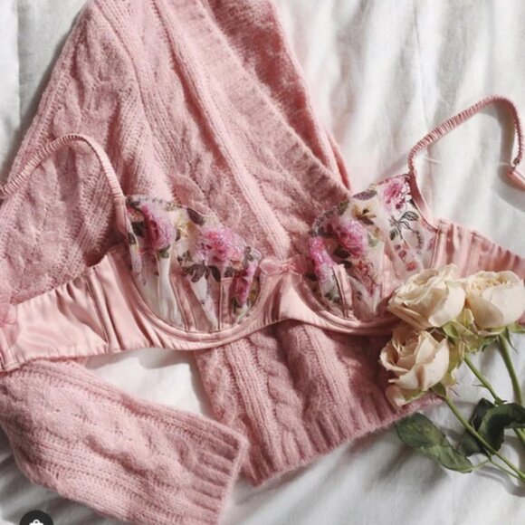 FOR LOVE & LEMONS Billie Long-Sleeve Cardigan Cable Knit Pink size L Coquette - Picture 5 of 16